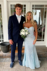 Long Light Sky Blue Prom Dresses Sequins Mermaid Sweetheart Mychicdress